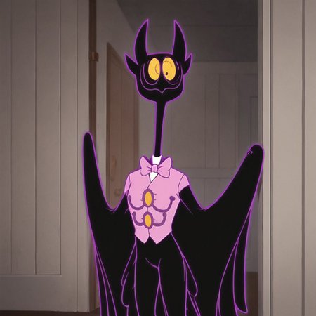 score_9, score_8_up, score_7_up, indoors, long dark hallway, doors, wall BREAK, Barnaby, owl, extremely  pink bow, wings, black body, purple glowing outline, pink bow tie, pink vest, white collared shirt, cuffed sleeves, long neck, bendable neck, anthropomorphic, solo, bowing, greeting the viewer, thick thighs, bottomheavy, wide hips,