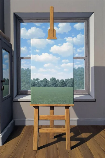 enemag1 painting. A surreal painting in the style of René Magritte depicting an easel placed in front of a window, covering it completely. The canvas on the easel seamlessly blends with the outdoor view, showing a continuation of the landscape beyond the window—a lush green field under a blue sky with soft clouds. The interior of the room is simple, with muted colors and no extra details to distract from the illusion. 
 <lora:renemag1_cap_d6a3:1.0><lora:829820100283693909:0>