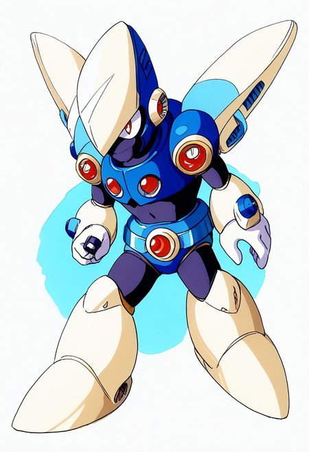 score_9, score_8_up, score_7_up, score_6_up, score_5_up, score_4_up, score_9 , score_8_up, score_7_up, source_anime, 1boy, solo, (sharp eyes), (covered mouth), (robot master), The character in the image is a vibrant and dynamic Reploid from the Mega Man X series. This Reploid has a humanoid design with a sleek, armored body. The head is distinctively topped with a large, yellow helmet that has a cannon-like attachment on the top, adding to its combat-ready appearance. The eyes glow with an intense blue light, giving the character a sharp, focused expression. The torso is solid and compact, featuring a mix of yellow and white armor with red accents that highlight the joints and connection points. The arms are robust and mechanical, with white gloves covering the hands, which are shaped into fists, ready for action, The character's legs are heavily armored, with large, yellow shin guards that add to its sturdy and resilient look. The feet are wide and equipped with strong, metallic soles, ensuring stability and strength in movement, vibrant color palette, futuristic character concept, KEIJI INAFUNE STYLE, <lora:KEIJI INAFUNE>, 1990s style, retro artstyle, anime coloring, traditional media, cel shading, hyperdetailed, 4k, 8k, masterpiece,