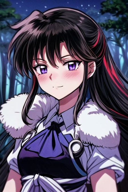 masterpiece,  best quality 1girl Setsun4 solo long hair,  (night time) forest background black hair very long hair purple eyes multicolored hair armor (fur trim) (medium body),<lora:EMS-179-EMS:0.800000>,<lora:EMS-293862-EMS:0.800000> bow, hair_bow, hair_tubes, red_bow, brown_hair, long_hair, bangs, ascot, frilled_bow, yellow_ascot, blush, smile, hair_between_eyes, athletic, armor, miko