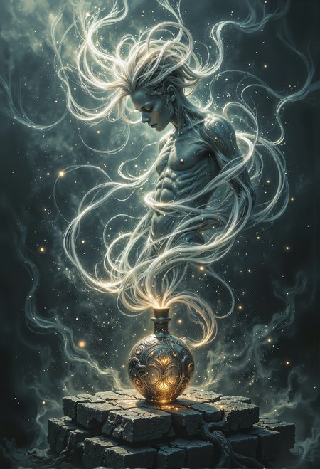 (disintegrating and dissolving into fog and smoke:1.9), (blending form with reality:1.9). Framed in thick volumetric fog. diffused light, delicatly, whispering, eye catching masterpiece artwork. drifting fog, cracked light and scattering smoke in a dreamlike reality. A mystical genie emerges in a swirling, spectral form, its translucent body shifting like liquid smoke, blending seamlessly into the surrounding mist. Its faint facial features are ever-changing, exuding an aura of both power and mystery, while its flowing arms and torso twist gracefully in the air. Below, a mystical genie bottle rests on an ancient, cracked stone pedestal, its surface ornately engraved with intricate patterns of gold and emerald. From the bottleâs narrow neck, the genieâs essence continues to flow, disintegrating into fog that mingles with the thick, volumetric mist enveloping the scene. Diffused light filters through the haze, scattering across the air in mesmerizing beams, casting an enchanting, dreamlike glow as the genie hovers above, an embodiment of otherworldly allure. <lora:flux_sparklycism.safetensors:0.5>,  <lora:The_Dark_Side_Of_The_Future.safetensors:0.33>,  <lora:aidmaGLOW-FLUX-V0.1.safetensors:0.3>,  <lora:midjourney_whisper_flux_lora_v01.safetensors:0.5>,  <lora:zhongfenghuaStyle_FLUX_ Lora.safetensors:0.5>,  <lora:Midjourney_-_SemiReal_Dreams_FLUX_LoRA.safetensors:0.5>,