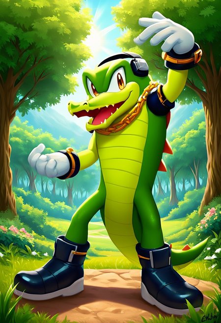 score_9, score_8_up, score_7_up, (best quality:1.1), (((ultra-detailed))), (((high resolution))), (((8k))), male, source_furry, male, solo, Vector the crocodile, headphones, gold chain necklace, white gloves, black boots, green skin, scalie, crocodile, featureless crotch, looking at viewer, (standing, dynamic, dancing, pose), smiling mouth, open mouth, 
BREAK
Outside, park, trees, grass, day, sun, clouds, detailed background, outdoor, by Akami Mirai