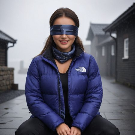 (((dark cinematic still with dark vibes))),one squatting  one british professional women,<lora:pufferdown_tnf_nuptse:0.7> tnf_nuptse jacket ,  satin_scarf_blindfold,smile,beautiful eyes,tea,stormy weather (mouth closed)
 <lora:satin_scarf_blindfold:0.7>
<lora:RMSDXL_Creative:1>