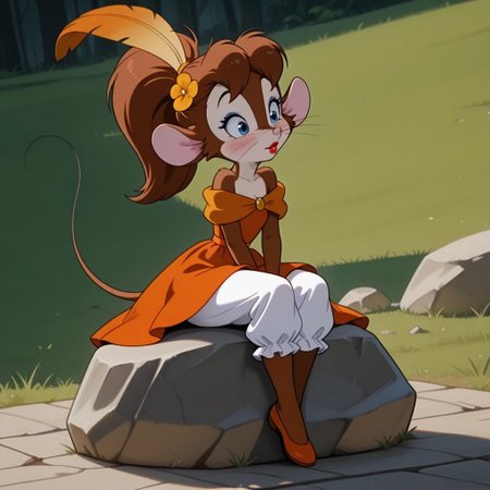 masterpiece, best quality, amazing quality, tanyafgwil, anthro, female, mouse, brown fur, blue eyes, brown hair, ponytail,  whiskers,  Diva outfit, red lipstick, blue eyeshadow, blush, orange dress, bare shoulders, hair flower, hair feather, bloomers, orange flats, sitting, outside, on a rock, solo, 1girl