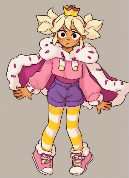 score_9, score_8_up, score_7_up, <lora:bsmandy:1> 1 girl ,  bsmandy  ,dark-skinned female ,  simple background,  , blonde hair,  crown , full body,  short twintails, bodysuit,  purple shorts  ,pink sweater, cape, yellow striped thighhighs,  ,confused,  solo  ,  ,looking at viewer,  <lora:Yagi_the_Goat_Style:1>by s1120411