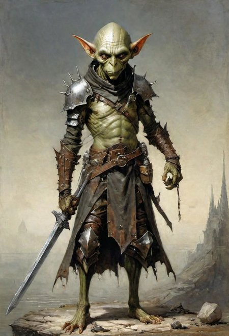 videogame art,  a long elf, goblin ghoul, holding a iron rusty sword,  wearing leather armor, plated armor, armor plating, by Jean-Baptiste Monge and Nicola Samori