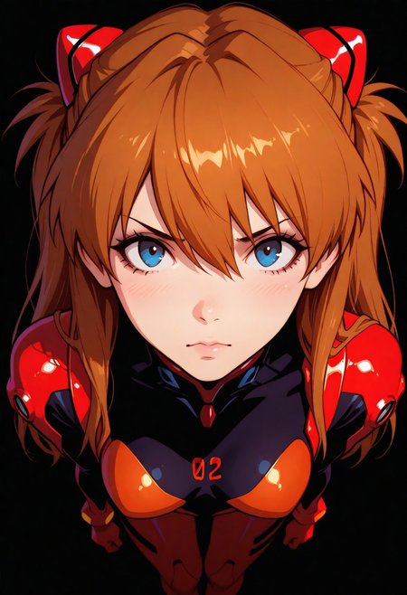 masterpiece, best quality, amazing quality, very aesthetic, (flat colors:1), (Artist:ilya kuvshinov:1), 1 girl, asuka langley,  , dark background, volumetric lighting, from above, close up
