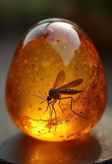improved cinematic photo, 35mm photograph, film, professional, 4k, highly detailed,
An amber fragment enclosing a mosquito,
The amber fragment is a smooth, slightly irregular sphere, roughly the size of a marble, with a warm golden-brown hue. Its surface is polished, gleaming softly under light, revealing a mesmerizing play of golden, honey, and orange tones. Tiny air bubbles and organic inclusions are scattered throughout, lending it a sense of antiquity and natural complexity.
Inside, a perfectly preserved mosquito lies suspended in time, its delicate body encased in the translucent amber. The mosquito's fragile wings are intricately veined, spread slightly as if caught mid-flight, shimmering faintly under the amber’s glow. Its slender legs are bent, and its long proboscis is clearly visible, emphasizing its ancient yet recognizable anatomy.
Around the mosquito, subtle striations and minute organic fragments, possibly plant material or dust, create a vignette that frames the insect. The amber’s clarity varies in places, with some sections slightly cloudy, further accentuating the mosquito as the focal point. The fragment feels timeless, a tiny time capsule offering a glimpse into a prehistoric world millions of years ago
