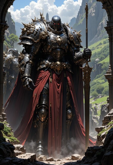 A highly detailed photographic illustration capturing a massive, intricately armored knight in a lush, green valley. The knight is clad in black, metallic armor with sharp, jagged edges, and a flowing, crimson-red cape. The knight holds a massive, black long sword in its right hand, which emits a faint yellow light from it´s center . The background features a stone balustrade and greenery under a clear sky. The image has a very high aesthetic quality, showcasing impressive craftsmanship and dramatic lighting. The camera angle is low, emphasizing the knight's imposing presence. Finest details, ultimate detail level, masterpiece, highly artistic, best composition.