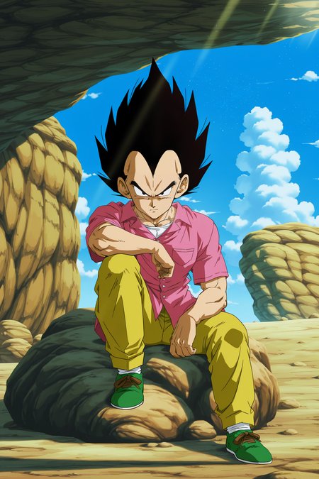 anime screencap, masterpiece, best quality, amazing quality, very aesthetic, absurdres,  newest, (scenery, volumetric lighting), official style, 
vegeta, solo, looking at viewer, shirt, black hair, 1boy, sitting, closed mouth, full body, male focus, outdoors, sky, shoes, green footwear, day, collared shirt, pants, cloud, black eyes, blue sky, frown, spiked hair, pink shirt, rock, white undershirt, yellow pants, arm on knee, v-shaped eyebrows, short sleeves, dappled sunlight, light particles, 
 <lora:Vegeta_IL:0.8>