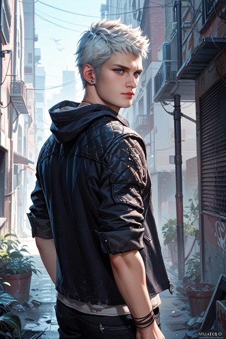 score_9, score_8_up, score_7_up, score_6_up
<lora:DMC5Nero:1.0>
DMC5Nero, 1boy, white hair, short hair, blue eyes, looking at viewer, standing in a back alley, surrounded by urban decay