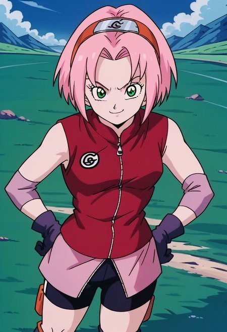score_9, score_8_up, score_7_up, source_anime,
sakuraharuno, <lora:sakura-haruno-shippuden-s1-ponyxl-lora-nochekaiser:1>,
sakura haruno, short hair, green eyes, pink hair, parted bangs, hairband, forehead protector,
gloves, green eyes, sleeveless, black gloves, red shirt, zipper, forehead protector, konohagakure symbol, boots, bike shorts, zipper, toeless footwear,
outdoors, landscape, smile, hands on hips,
cowboy shot, looking at viewer, solo, dutch angle,retro artstyle, 90s dbz style, style dragon ball z girls 90s.