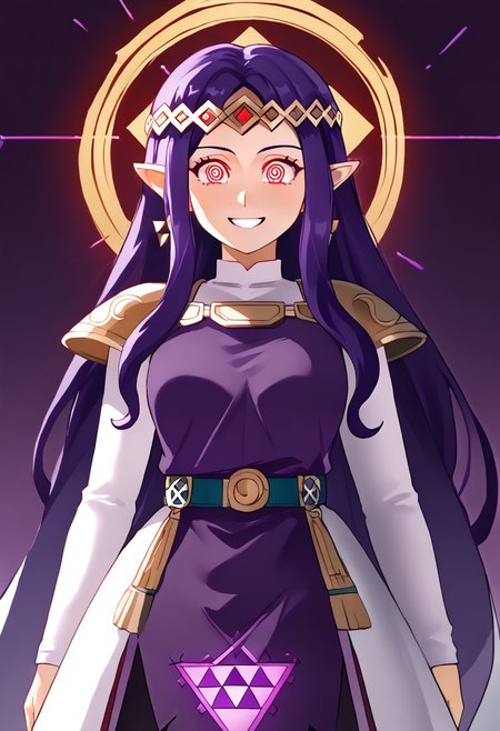 Hilda hypnotized in rags,
score_9, source anime, lewd, 1girl,
mind control, hypnotized, spiral eyes, proud smile, 
((ripped clothes, torn clothes)), arched back, standing at attention,
PrincessHilda_LOZ, pointy ears, long hair, purple hair,  red eyes,