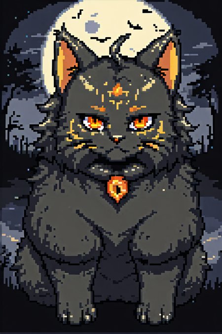 black fluffy gorgeous dangerous cat animal creature, large orange eyes, big fluffy ears, piercing gaze, full moon, dark ambiance, best quality, extremely detailed  <lora:Pixel_Art_XL:0.8>