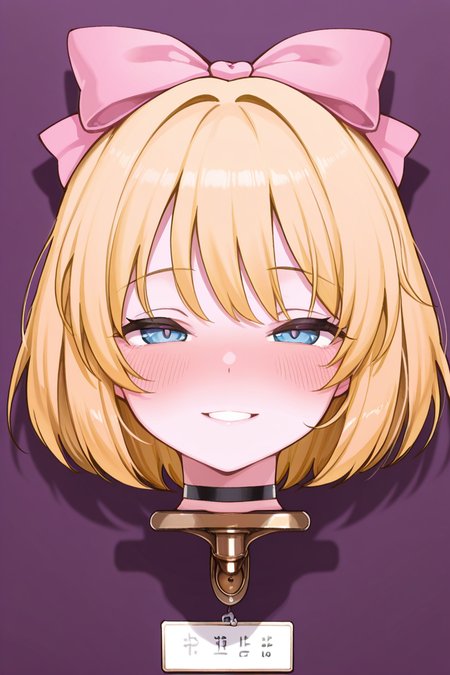 masterpiece, best quality, amazing quality,
 <lora:Alternate_ILV3:1> 1girl, solo, blonde hair, bow, hair bow, portrait, pink bow, looking at viewer, parted lips, short hair, purple background, head only, blush, taxidermy, name tag, smile, on display, choker