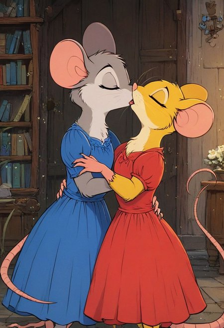 score_9, score_8_up, score_8, duo, (fluffy:0.8), (feral), indoors, furry, (((mouse))),  chest, claws, (fluffy cheeks:0.7), (blue dress), in the style of beatrix potter, (duo:2), j_cartoon, (upper body shot:1.5), cute, hug, french kiss, kiss, side view,
BREAK
female, eyes closed, (gray fur:1.2), 
BREAK
eyes closed, yellow fur, (red dress),