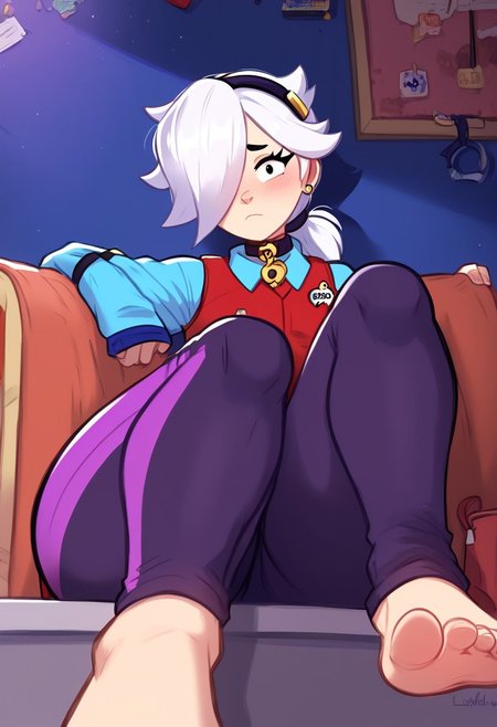 score_9, score_8_up, score_7_up, FluffyLewdsStyle,
bscolette  , 1 girl , white hair,  , ponytail,  collar , red vest , blue shirt ,  long sleeves,  purple pants,  hair over one eye,  hairband, sleeves past fingers,
,, big thighs, pretty, look at viewer , sitting, , feet, toes, feet focus,  from below, close up, indoors, look at viewer , shy, a leg up