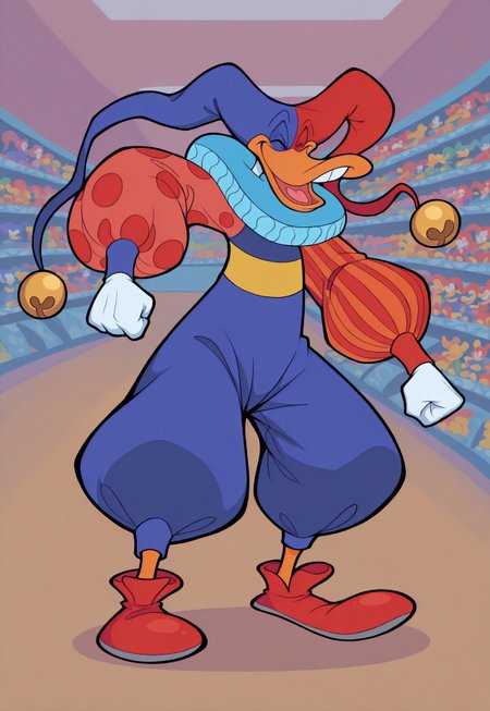 safe_pos, score_9, score_8_up, score_7_up, 1boy, solo, Quackerjack, furry, duck, jester cap, two-tone hat, hat bell, ruff, long puffy sleeves, mismatched sleeves, blue pants, orange legs, red shoes, pointy footwear, laughing, toy store setting, dynamic pose,
