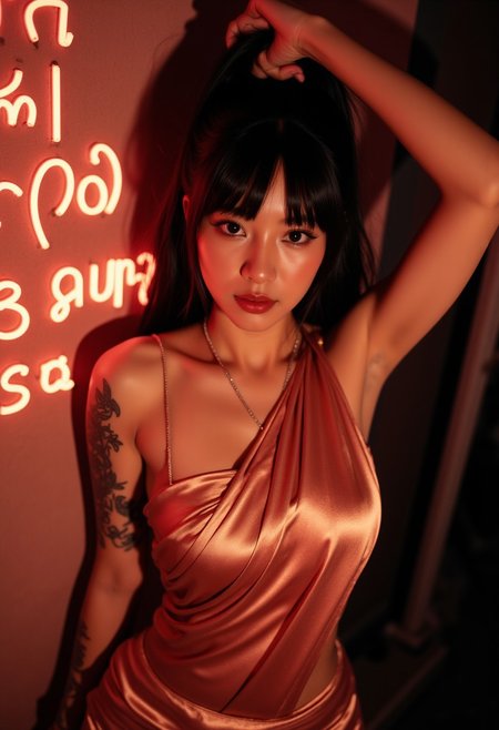 A breathtaking ultra-realistic movie style closeup of a 35-year-old goth girl with very pale skin tone, luminous skin glowing under dramatic, cinematic lighting. She has long black ponytail , with sharp bangs framing her face adorned with dark lipstick, dark eyeliner and makeup, tattoos throughout her body, (She wears a rose gold silk saree: 1.8). (Standing, exposed navel, one arm up: 1.5). She holds a neutral, subtly seductive expression. Dynamic pose.  Behind her, a wall features Neon Sanskrit text etched into the surface. The lighting design emphasizes her exceptionally pale skin. Every detail of her features, makeup, tattoos, and attire is vividly showcased, blending elegance with modern gothic allure. bbs-style