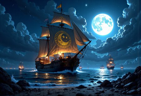 Hyper detail fairytales illustrator art. The epic dramatic darktale style cinematic scene. The Ghosted Giant Caravel wandering through the silently sea under moon night. Moon and star symbol on sail.  The huge lighting lamp on bowsprit. Golden runes golden cybernectic line decorate, Grimmdark. (Ultra-detail, 32k, Masterpiece, High Quality, Detailed Realistic Background, Official Art,).