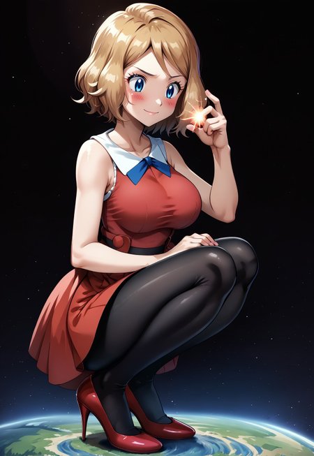 safe_pos, safe_pos, score_9, score_8_up, source_anime, BREAK 1girl, masterpiece, best quality, 1girl, bbserena, solo, short hair, eyelashes, blue eyes, full black legging, full black tights, pink designer high heels, big breasts, squeezing her breasts, squatting in space, holding the earth in the hand, giantess full body shots, giantess, giant, goddess, size difference, slight smile, blushing, growing bigger, long skinny legs, Galaxy, perfect arms, perfect hands, perfect face, perfect legs, perfect thighs, perfect feet, perfect eyes, solo, super giantess