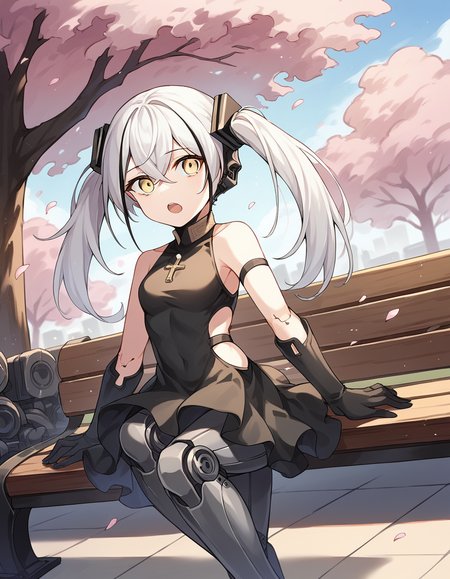 score_9, score_8_up, score_7_up, source_anime, <lora:girlsfrontline-destroyer-ponyxl-lora-nochekaiser:1>, destroyer, white hair, black hair, streaked hair, yellow eyes, cross bangs, multicolored hair,, android, bare shoulders, clothing cutout, dress, gloves, joints, mechanical legs, robot, robot joints, side cutout, twintails,, park, cherry blossoms, bench, gentle breeze, peaceful, running, open mouth, , hands on own knees, looking at viewer, solo,, dutch angle, cowboy shot