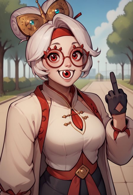 score_9, score_8_up, score_7_up, BREAK, <lora:NSEyenom:1> NSEyenom, open mouth, eye in mouth, 1girl,  <lora:purah-pdxl-nvwls-v1:0.9> purah, hair ornament, red headband, red glasses, sleeveless shirt, white coat, black skirt, gloves, middle finger, outdoors, park, smile, upper body