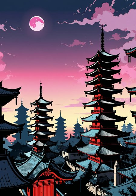 (epic:1.2), trending on artstation, (high quality:1.2), (masterpiece:1.2), high details, incredibly absurdres, colorful), (Manga Style:1.29), (Mike Mignola Art:1.27), (Vector Style, Sharp Edges:1.16), Gothic Art:1.33), (Synthwave Style:1.33), (Abstract Exprssionism:1.25), (Point-of-view shot:1.31) (comp_bottom:1.19) ,, (object: (,mug:1.31))  , , (location:(pagoda:1.12))