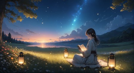(masterpiece, top quality, best quality, official art, beautiful and aesthetic:1.2)
1girl, sitting on grass, holding a book, night, nighttime sky, lantern lighting up immediate area, stars, end of sunset, colorful sky, peaceful, flowers, fireflies,  highly detailed, wide shot,   
highres, ultra high res, 4k, 8k, intricate detail, cinematic lighting, amazing quality, wallpaper <lora:aesthetic_anime_v1s:1.2>  <lora:fiasco_A1:1>
