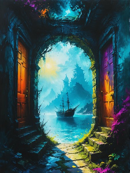 Shadows harbor doorways to otherworldly realms, ultra-fine digital painting, <lora:xl_more_art-full_v1:0.3>,  <lora:Desolation:0.6> <lora:gorgoeus_splash_of_vibrant_paint:0.7> Gorgeous splash of vibrant paint