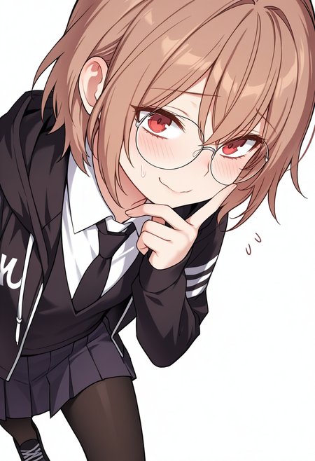 Smooth Quality,masterpiece,very intricate, high quality details, ultra realistic, high detailed skin,detailed enviorement,absurdres,
nervous, nervous smile, v over mouth,
 <lora:Young-Joo_CNR:0.8> young_joo_cnr, 1girl, brown hair, short hair, red eyes, glasses, young_juniform_cnr, school uniform, black jacket, white shirt, collared shirt, black necktie,hoodie, pleated skirt,black pantyhose, black footwear,, simple background, white background, dutch angle,solo,