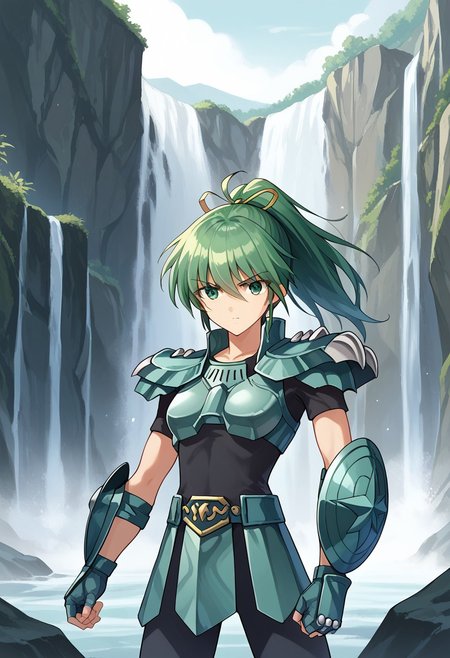 score_9, score_8_up, score_7_up, source_anime,
wynnthewindcharmer, 
wynn the wind charmer, eyes visible through hair, green eyes, green hair, ponytail, ribbon, hair ribbon, green armor, pauldrons, shoulder pads, vambraces, gauntlets, gloves, fingerless gloves, chest plate, waist armor, belt, bodysuit, shield, outdoors, mountains, waterfall, standing, serious, cowboy shot,