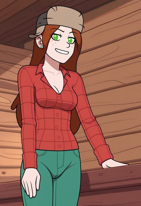 chwendy, dutch angle, in wooden cabin, solo, chwendy wearing fur hat, looking at viewer, wearing dip outfit