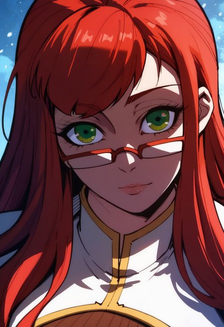 (score_9, score_8_up, score_7_up), 
luoyunshang, 1girl, red hair, long hair, bangs, glasses, solo, large breasts, green eyes, cleavage cutout, 
masterpiece, best quality, head tilt, looking at viewer, dynamic angle, golden light,light particles, portrait