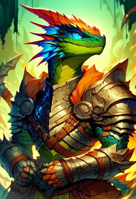 score_9, score_8_up, score_7_up, lizardfolk, metal armor, Flashfire glowing runes blue and green,