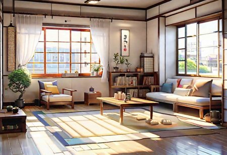 ((front view)), ((Japanese animation style)), modern-style interior, with white walls, (large windows), Nordic-style furniture, a  study, Sofa, coffee table, bookcase, single wall, 
warm light morning sun, (the view of the city)