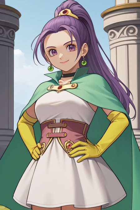score_9, score_8_up, score_7_up, source_anime, rating_safe, intricate details, 1girl, solo, <lora:Serenica:1>, serenica, puple hair, high ponytail, purple eyes, black choker, jewlery, white dress, green cape, yellow gloves, elbow gloves, thighs, looking at viewer, outdoor, smile, cowboy shot, hands on hips, five fingers