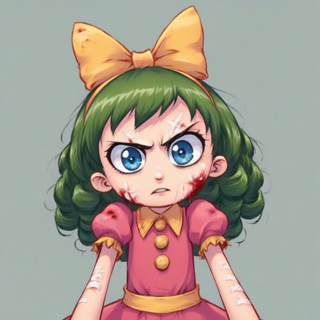 1girl, gertrude, green hair, blue eyes, bow, dress,
upper body, solo, looking at viewer, simple background, solid grey background, a thoughtful face, looking at nothing, whether covered in blood, covered in wounds,  chromakey, despair, standing in a fighting position, about to attack, dynamic angle, extreme perspective