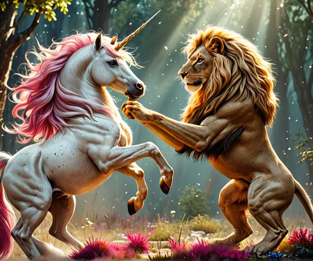 fantasy illustration,( unicorn, lion).blend (1.3, 0.5)  fighting each other, high quality, extreme detail, cinematic film grain, vivid colors  <lora:unicorn_xl_v1:1>