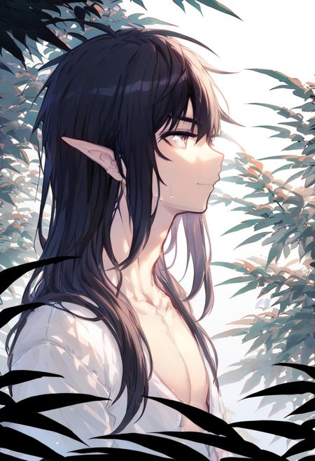 masterpiece, best quality,pointy ears, 1boy, solo, profile, male focus, leaf, upper body, long hair, black hair, plant, tree