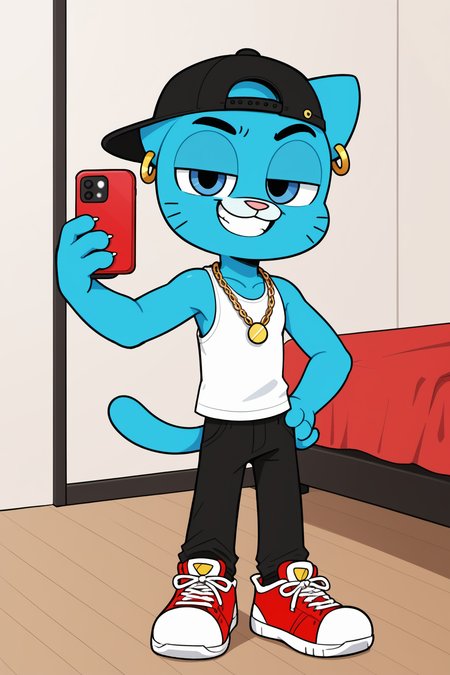 bedroom, 4 fingers,  <lora:miscon_ill:0.8>,  <lora:powerpuff_girls_Kim_Crab_style:0.4>, shading, three-quarter portrait, full body, BREAK
<lora:Gumball_Watterson_sdxl:0.2>, gumball, male, anthro, cat nose, dark blue eyes, young, broad shoulders, white tank top, solo, selfie, holding red phone, hand on own hip,  raised eyebrow, grin, half-closed eyes,  ear ring, gold chain necklace, backwards hat, teeth, black pants, sneakers,  BREAK