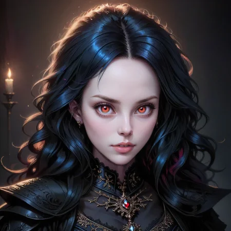 portrait of a vampire noblewoman, ((pale skin)), beautiful, dressed for a gala, fantasy, seductive, red-eyes, fangs out, fantasy illustration, ethereal lighting, intricate details, romanticism. 
(masterpiece, award winning artwork)
many details, extreme detailed, full of details,
Wide range of colors, high Dynamic
 <lora:EnvyCharacterPortraitHelperXL01:0.8> solo character portrait, dark background
 <lora:add-detail-xl:1> 
 <lora:zavy-cntrst-sdxl:0.245> dark, chiaroscuro, low-key 
<lora:RMSDXL_Creative:0.124> 
 <lora:SDXLFaeTastic2400:0.25> <lora:HorrorAI:0.51>  gothichorrorAI,