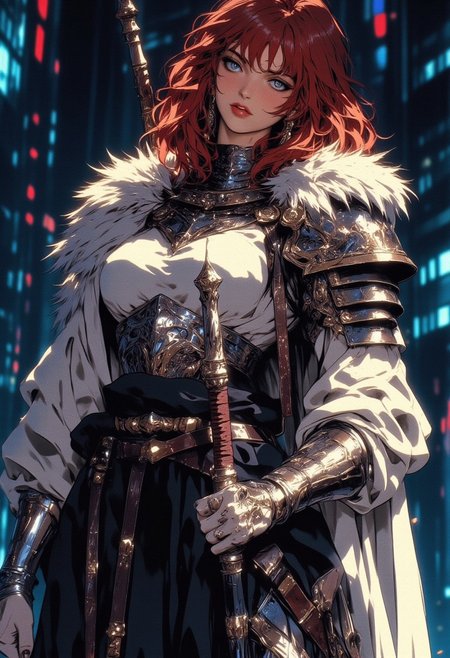 An elegant, red-haired female warrior with knee-length wavy hair and glowing clear green eyes. She wears a white medieval combat suit with black pants, paired with a black adventurer’s leather ensemble and shoulder armor. Her figure is athletic and toned, showcasing strong leg and arm muscles. She stands confidently, holding a fantasy melee weapon. Her detailed armor combines metal and fur, exuding nobility and strength, with intricate ornaments and a shoulder cape. The scene features cinematic lighting, with ultra-detailed skin and eyes that reflect both beauty and power.