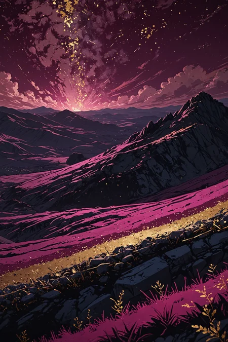 landscape of a (Celestial Plains of the Starry Fields:1.3) , Stone, hillside, Anime screencap, Islandpunk, side lit, Depth of field 100mm, Magenta background, intricate, <lora:novuschroma27 style_b:1> novuschroma27 style, gold foil, cool colors, inspired, detailed, romantic, dynamic dramatic beautiful full taking, grand illumination, fine artistic composition