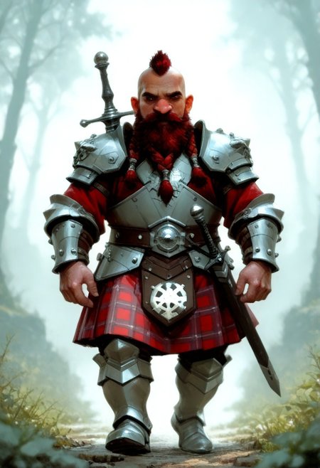 1man. Dwarf, short stature, big nose. Pauldrons. Greaves. Vambraces. chestplate. Beard with three braids. Handlebar mustache. dark red hair. Short cut mohawk. Sword sheathed on hip. celtic_men. plaid skirt. arm0rs3nt1n3l. a person playing bgpps. lazypos.  Sketch. Walking through a forest. Castle and village in background.
