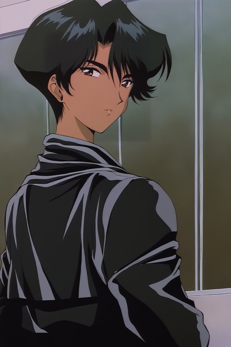 anime screencap,anime coloring,masterpiece,best quality,official style,amazing quality,beautiful detailed hair,beautiful detailed eyes,official anime artwork,retro artstyle,1990s \(style\),<lora:Ayuko Hayami-IL V1:1>,
yuko Hayami,solo,black hair,1girl,short hair,Ayuko Hayami Outfit1,Black long jacket skirt,brown eyes,dark-skinned female,upper body,