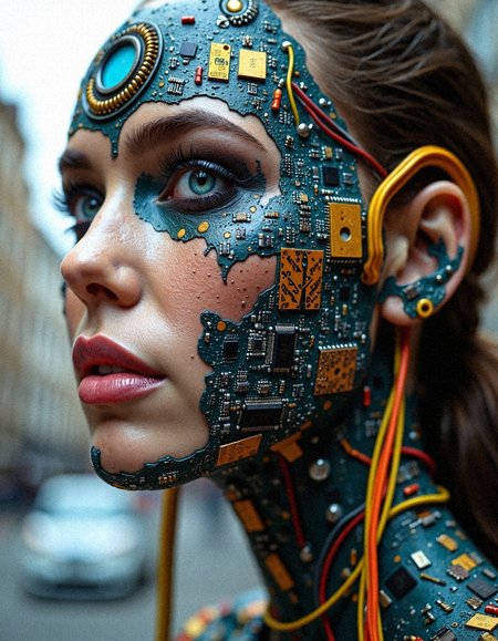 aidmaHyperrealism,
"A surreal, hyper-realistic portrait of a patchwork cyborg woman with freckled skin, her face adorned with vibrant electronic components, multicolored circuit boards, and glowing cables. Her piercing, glowing blue eyes seem to hold an eerie humanity amidst her mechanical enhancements. The intricate details of her cybernetic makeup include layers of microchips, tiny resistors, and crisscrossing wires in vibrant orange, yellow, and blue. The background is softly blurred, suggesting an urban tech-dystopia, amplifying the otherworldly contrast between her organic and mechanical features."
 <lora:FluxDFaeTasticDetails:0.2> <lora:aidmaHyperrealism-FLUX-v0.3:0.8>