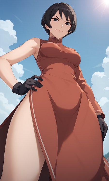 score_9, score_8_up, score_7_up, game cg, 
kurotsuchii, 1girl, looking at viewer, china dress, single sleeve, long sleeve, black gloves, short hair, black hair, black eyes, breasts, red dress, side slit, 
from below, pov, 
hand on hip, 
smile, closed mouth, serious, thighs, 
day, cloud, 
 <lora:kurotsuchi_PXL:1>
