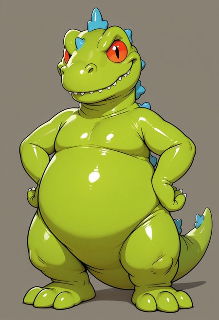 1boy, solo, Reptar, dinosaur, green body, blue spines, red sclera, three fingers, three toes, thick legs, bottom heavy, chubby, semi-anthro, tail, big eyes, expressive eyes, toony eyes, smiling, looking at viewer, fat, smooth shiny body, standing, posing, hands on hips,  simple background, high quality, detailed, digital art, masterpiece, amazing shading, wacky, silly,  western animation style