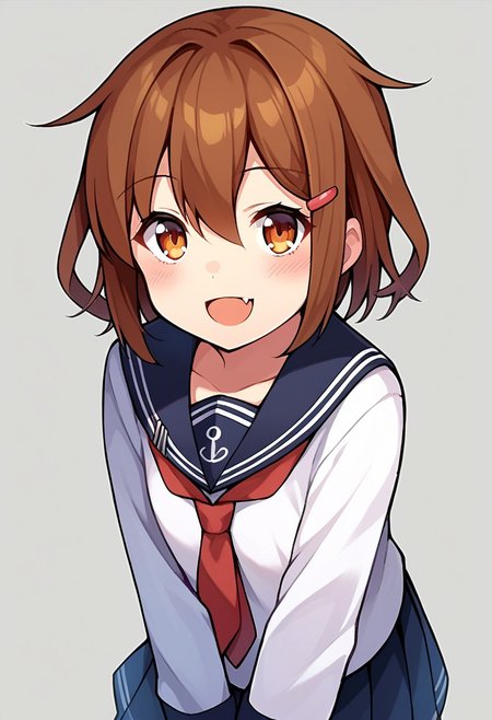 score_9, score_8, score_7, source_anime, ikazuchi (kancolle), hairclip, 1girl, solo, looking at viewer, fang, blush, smile, open mouth, school uniform